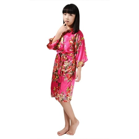 Honeystore Girls Floral Satin Kimono Flower Girl Robe For Party Wedding Honeystore Girls Floral Satin Kimono Flower Girl Robe For Party Wedding